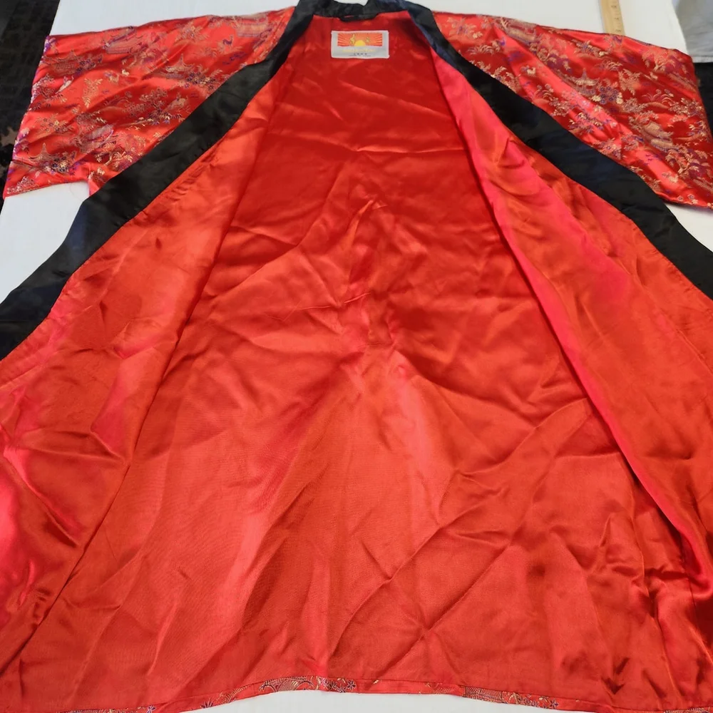 Vintage Oriental Kimono Robe L Red Black Satin Asian Print Lounge Duster Boho - Picture 8 of 9